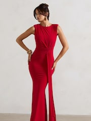 Club L London Red Kadie Sleeveless Gathered Maxi Dress With Drape - Image 2 of 5