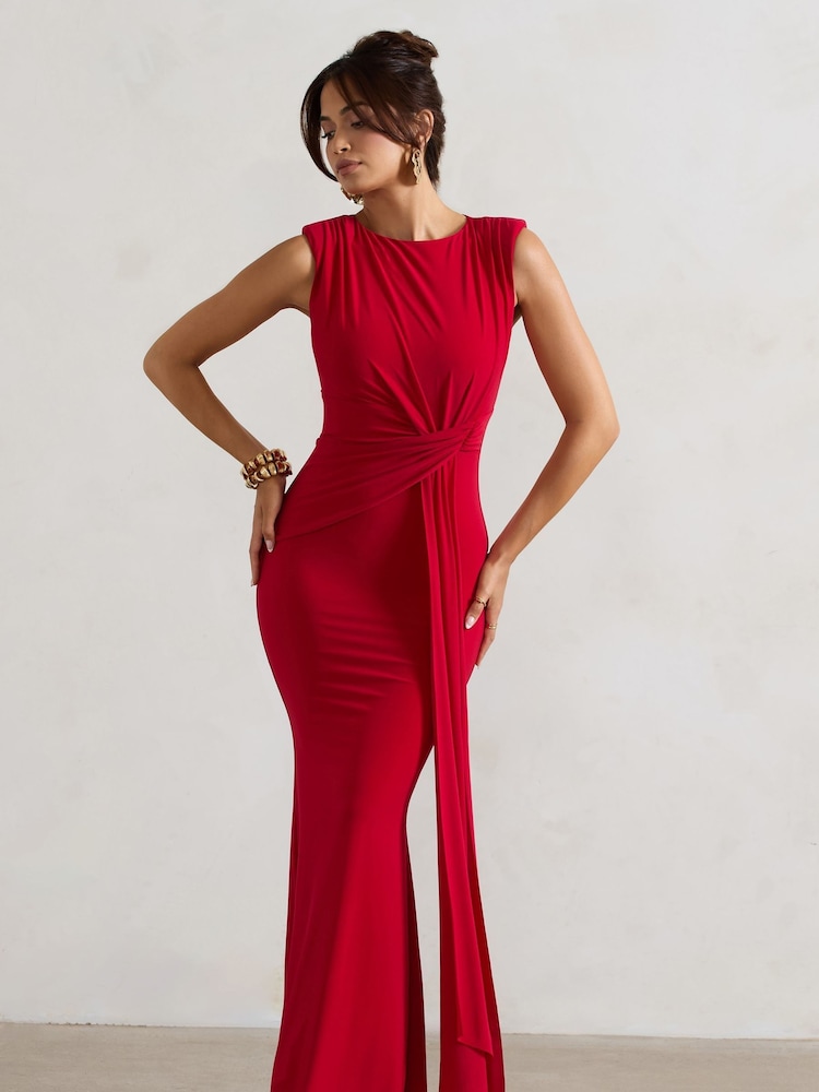 Club L London Red Kadie Sleeveless Gathered Maxi Dress With Drape - Image 2 of 5