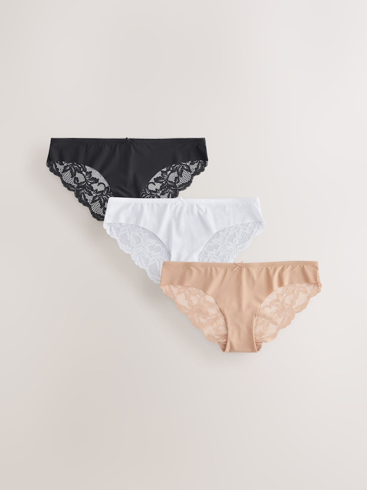 Black/White/Praline Nude Brazilian No VPL Lace Back Briefs 3 Pack - Image 5 of 6