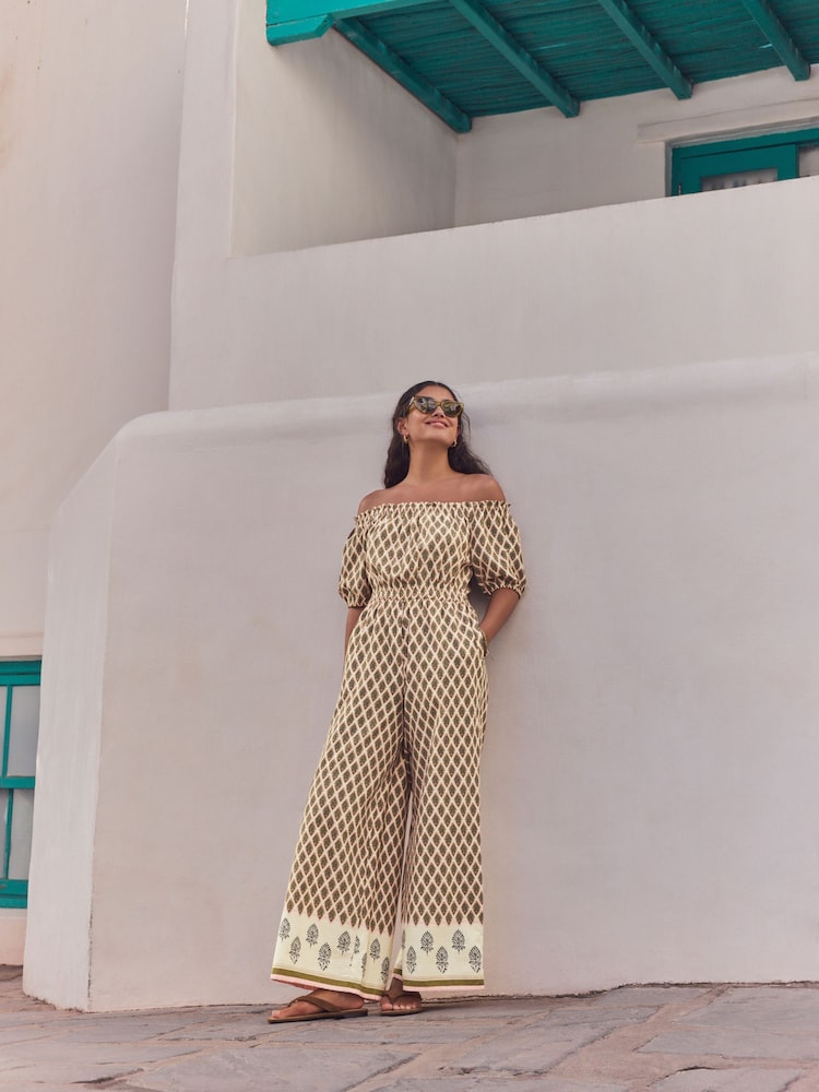 Khaki Green Off Shoulder Wide Leg 100% Cotton Jumpsuit - Image 1 of 9