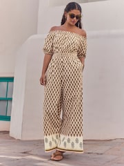 Khaki Green Off Shoulder Wide Leg 100% Cotton Jumpsuit - Image 2 of 9