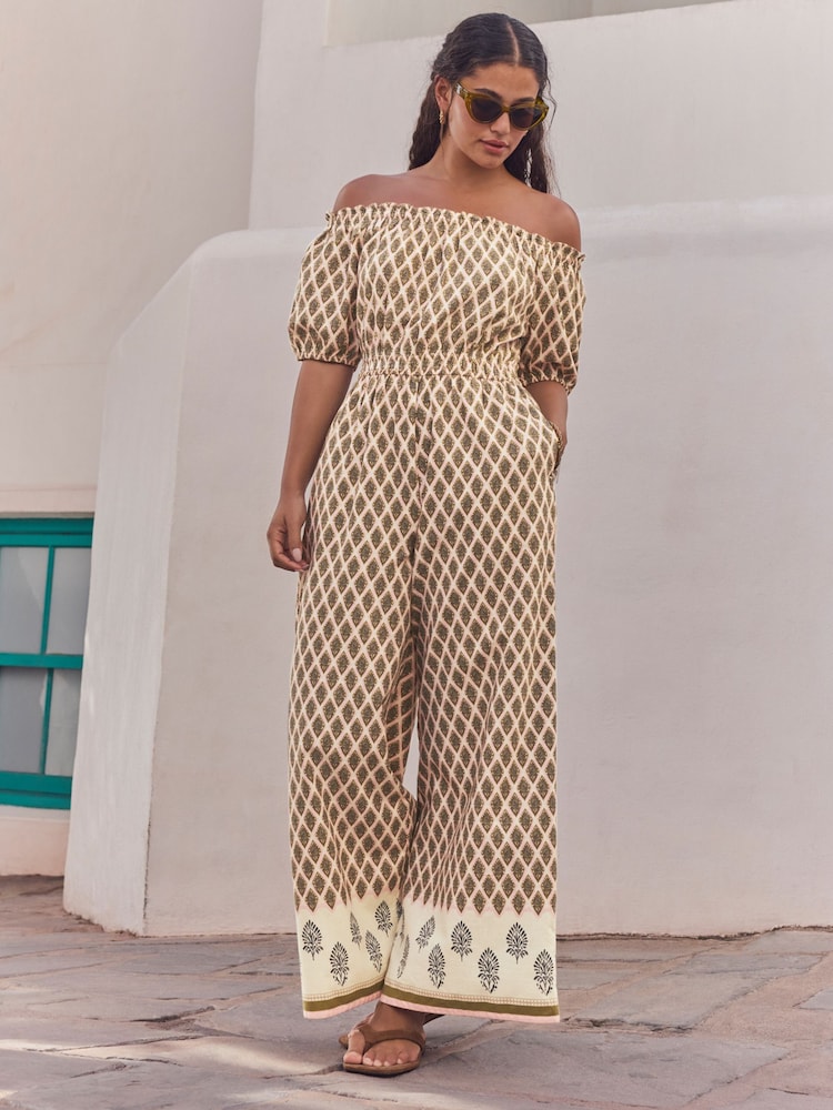 Khaki Green Off Shoulder Wide Leg 100% Cotton Jumpsuit - Image 2 of 9