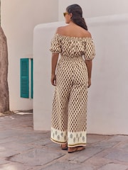 Khaki Green Off Shoulder Wide Leg 100% Cotton Jumpsuit - Image 3 of 9