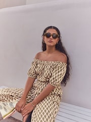Khaki Green Off Shoulder Wide Leg 100% Cotton Jumpsuit - Image 4 of 9