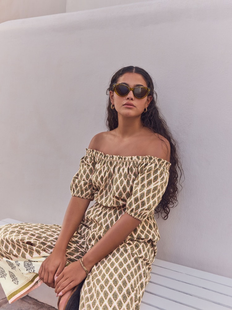 Khaki Green Off Shoulder Wide Leg 100% Cotton Jumpsuit - Image 4 of 9