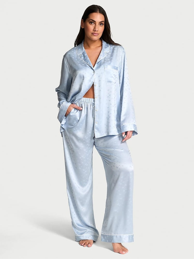 Victoria's Secret Palest Blue Butterfly Jacquard Satin Long Pyjama Set - Image 1 of 2