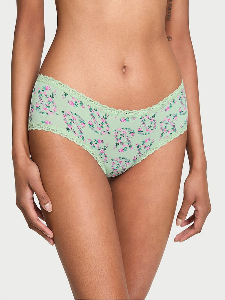 Victoria's Secret Mint Green Floral Logo Cheeky Cotton Lace Waist Knickers - Image 1 of 3