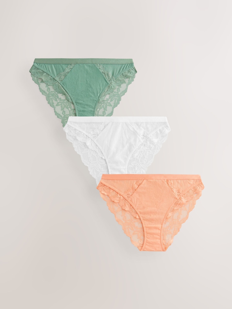 Green/Orange/Cream High Leg Lace Trim Knickers 3 Pack - Image 1 of 6