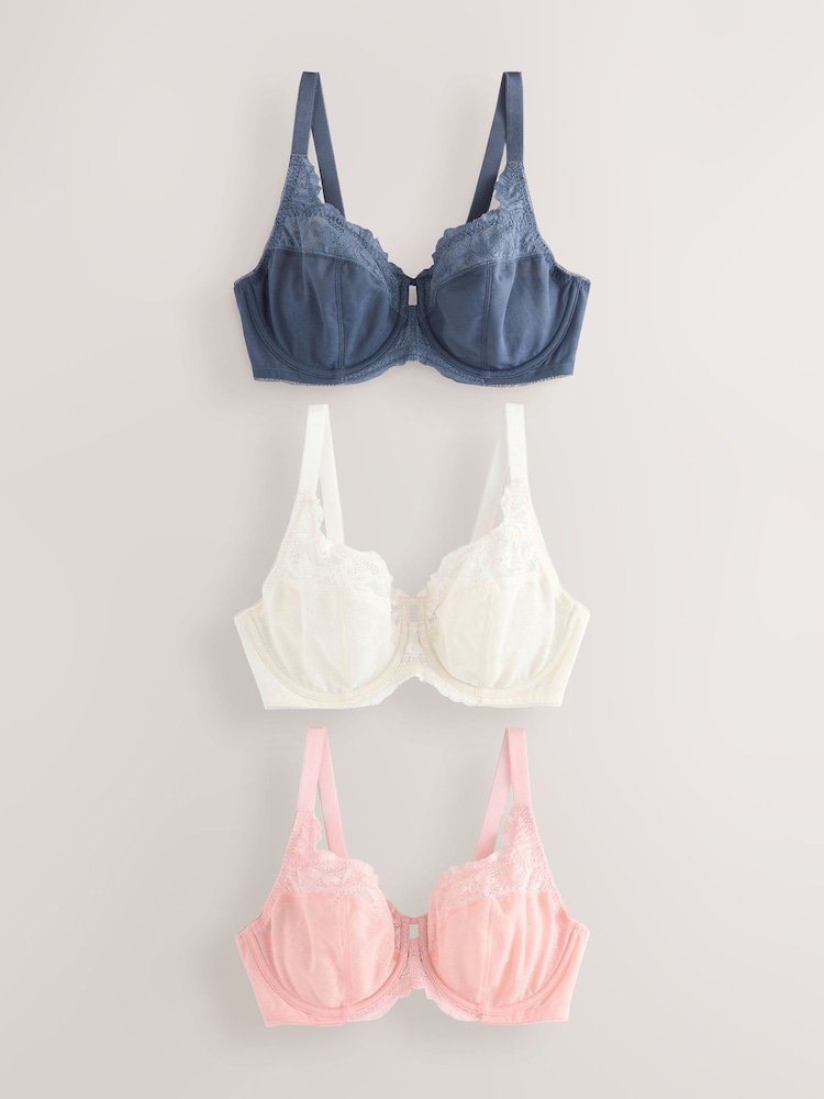 Bleu marine/rose/crème - Soutiens-gorge 3 Lot DD+ Dentelle à armatures sans rembourrage - Image 7 of 12