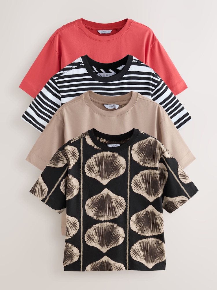 Red/Print/Stripe/Ecru Short Sleeve Crew Neck 100% Cotton T-Shirts 4 Pack - Image 1 of 11