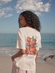 بيج فاتح - Offical Snoopy License Strawberry Back Graphic Short Sleeve Crew Neck 100% Cotton T-Shirt - صورة 1 من 9
