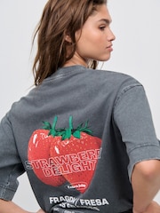 Gris antracita - Oversized Washed Strawberry Graphic Short Sleeve Crew Neck 100% Cotton T-Shirt - Imagen 1 de 8