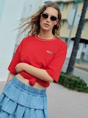 Red Ibiza Cherry Fun Graphic Oversized Knit Trim Neck Detail Short Sleeve Crew Neck T-Shirt - Image 3 of 6