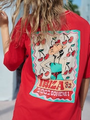 Red Ibiza Cherry Fun Graphic Oversized Knit Trim Neck Detail Short Sleeve Crew Neck T-Shirt - Image 5 of 6
