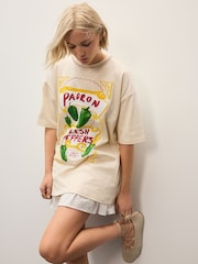 Ecru Stone Padron Peppers Fun Graphic Oversized Knit Trim Neck Detail Short Sleeve Crew Neck T-Shirt - Image 1 of 7
