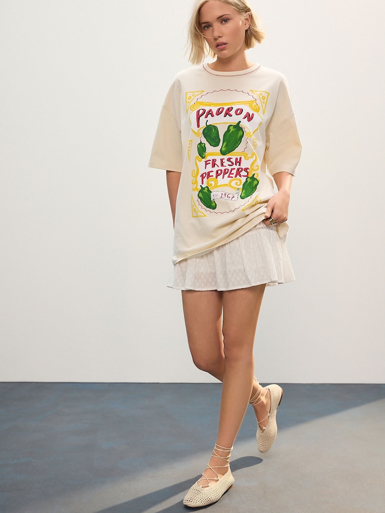 Ecru Stone Padron Peppers Fun Graphic Oversized Knit Trim Neck Detail Short Sleeve Crew Neck T-Shirt - Image 2 of 7