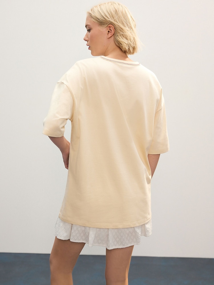 Ecru Stone Padron Peppers Fun Graphic Oversized Knit Trim Neck Detail Short Sleeve Crew Neck T-Shirt - Image 3 of 7