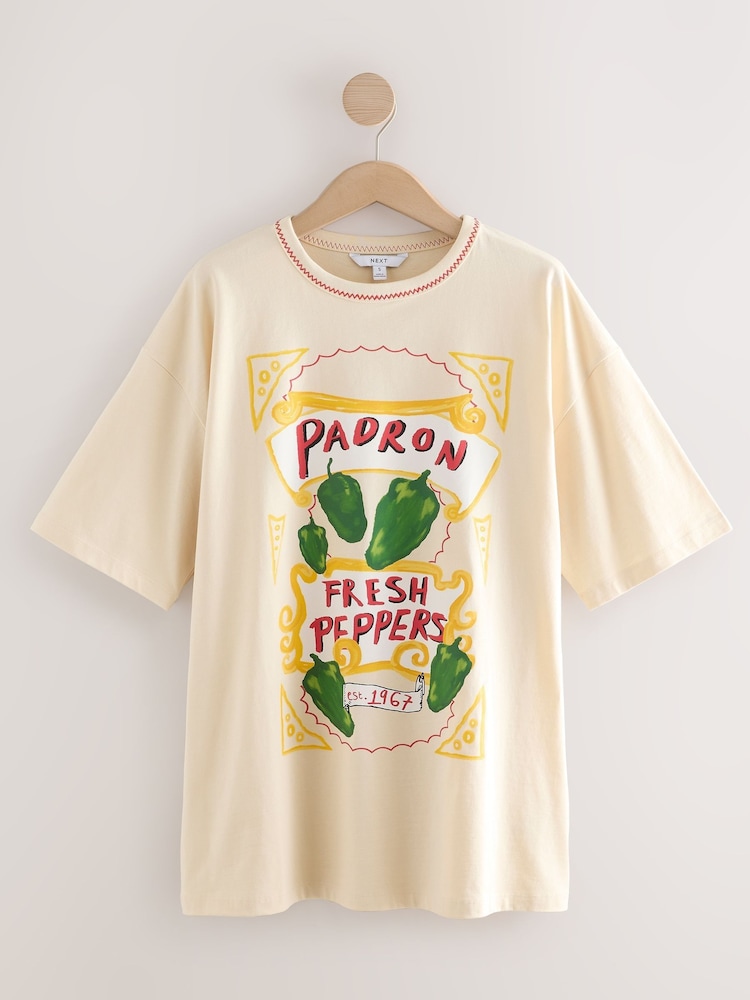 Ecru Stone Padron Peppers Fun Graphic Oversized Knit Trim Neck Detail Short Sleeve Crew Neck T-Shirt - Image 5 of 7
