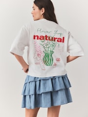 White Flower Vase Back Placement Graphic Oversized Short Sleeve Crew Neck T-Shirt - Image 1 of 10