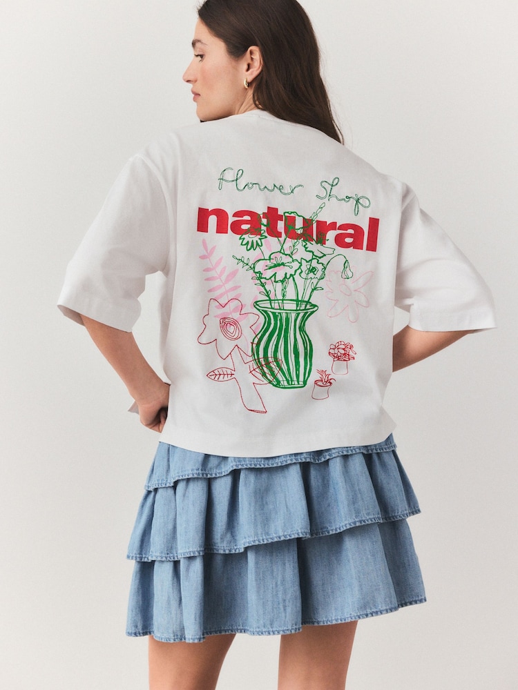White Flower Vase Back Placement Graphic Oversized Short Sleeve Crew Neck T-Shirt - Image 1 of 10
