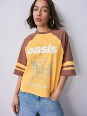 Yellow/Brown Official Oasis License Raglan Elbow Colour Block Graphic T-Shirt - Image 1 of 8