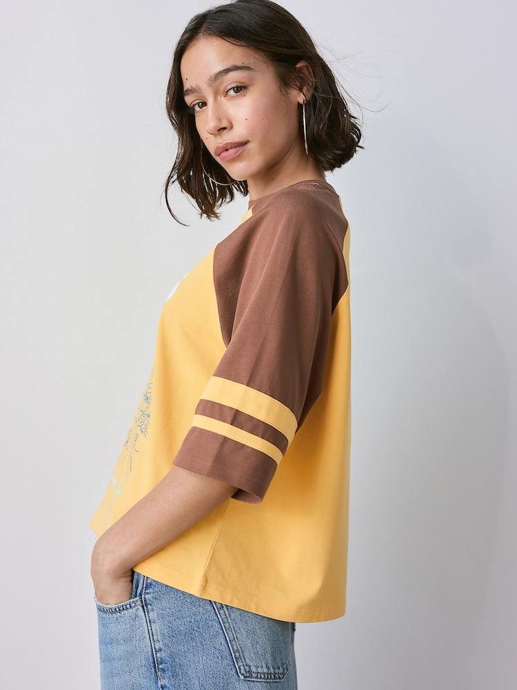 Yellow/Brown Official Oasis License Raglan Elbow Colour Block Graphic T-Shirt - Image 2 of 8
