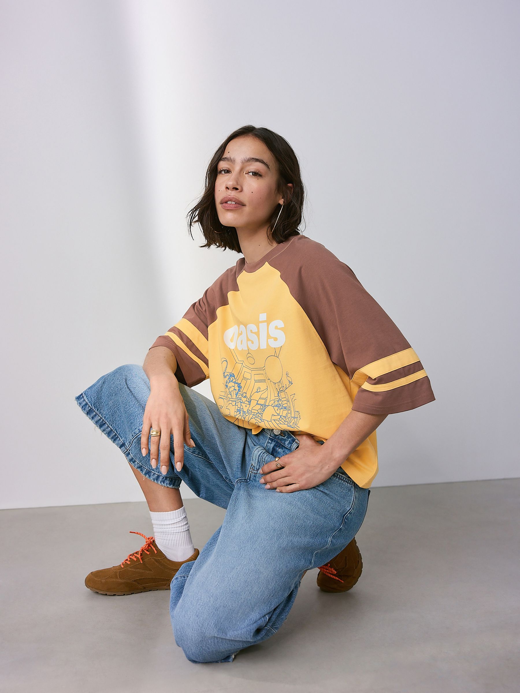 Buy Yellow/Brown Official Oasis License Raglan Elbow Colour Block