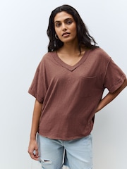 Chocolate Brown Oversized V-Neck Short Sleeve T-Shirt - Image 1 of 3