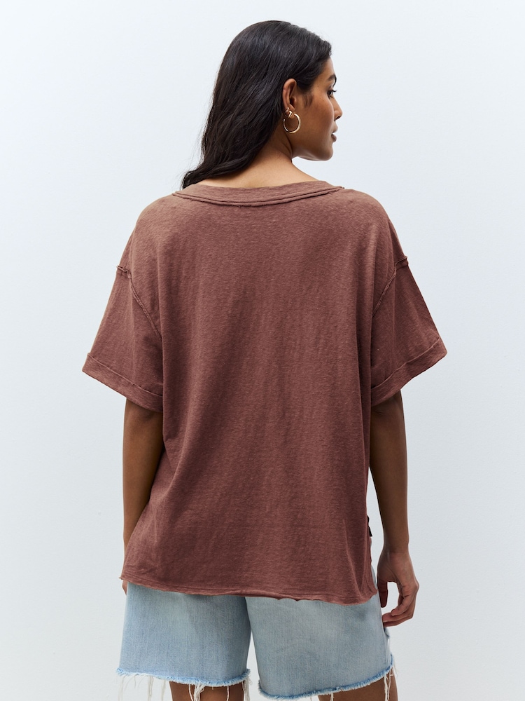 Chocolate Brown Oversized V-Neck Short Sleeve T-Shirt - Image 2 of 3