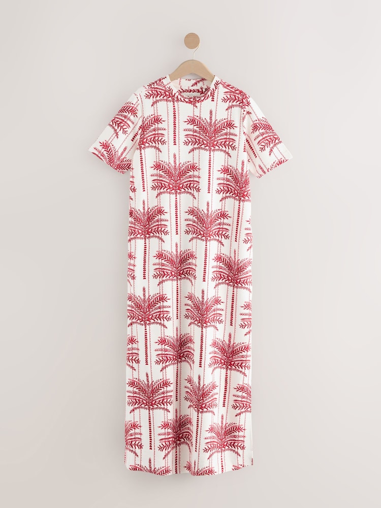 Ecru/Red Palm Print Heavyweight Short Sleeve Crew Neck Maxi T-Shirt Dress - Image 1 of 3