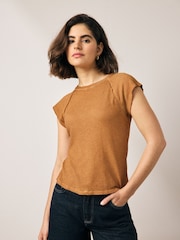 Tan Brown - Washed Open Seam Detailing Raglan Short Sleeve 100% Cotton Crew Neck T-Shirt - Image 1 of 7