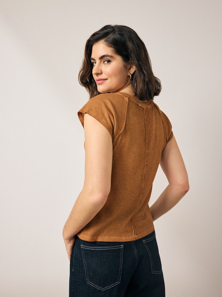 Tan Brown - Washed Open Seam Detailing Raglan Short Sleeve 100% Cotton Crew Neck T-Shirt - Image 2 of 7