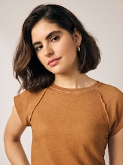 Tan Brown - Washed Open Seam Detailing Raglan Short Sleeve 100% Cotton Crew Neck T-Shirt - Image 3 of 7
