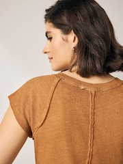 Tan Brown - Washed Open Seam Detailing Raglan Short Sleeve 100% Cotton Crew Neck T-Shirt - Image 4 of 7