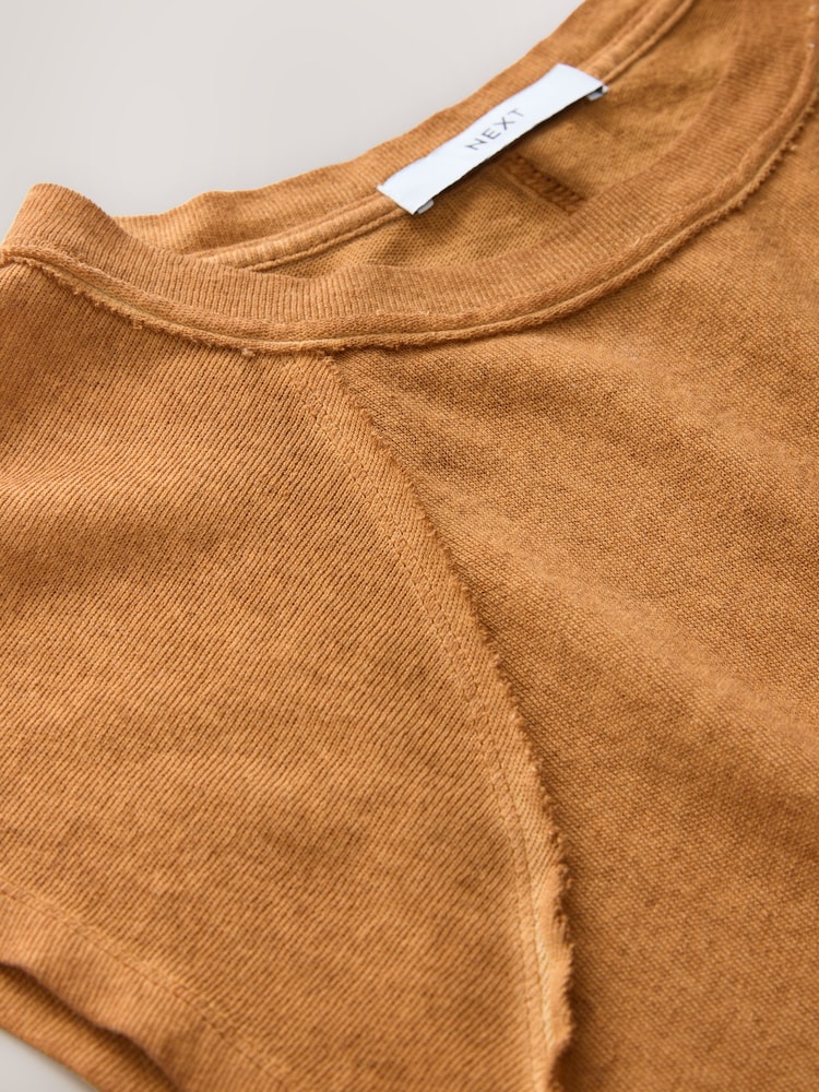 Tan Brown - Washed Open Seam Detailing Raglan Short Sleeve 100% Cotton Crew Neck T-Shirt - Image 7 of 7