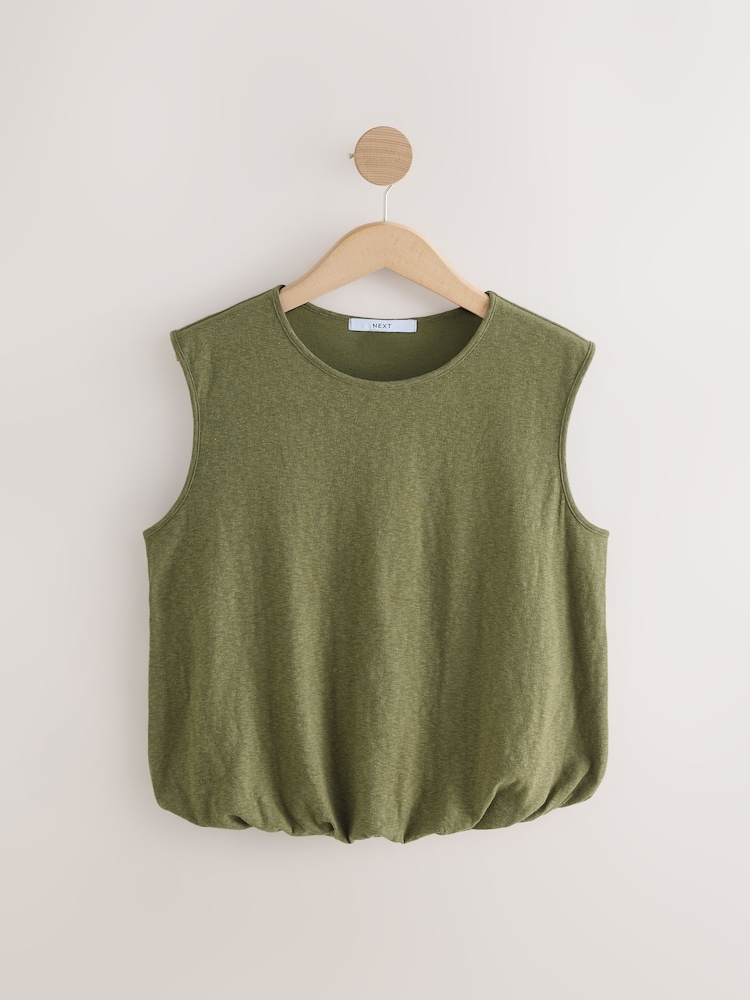 Khaki Green Slub Bubble Hem Sleeveless Tank Top - Image 1 of 3 Khaki Green Slub Bubble Hem Sleeveless Tank Top - Image 1 of 3