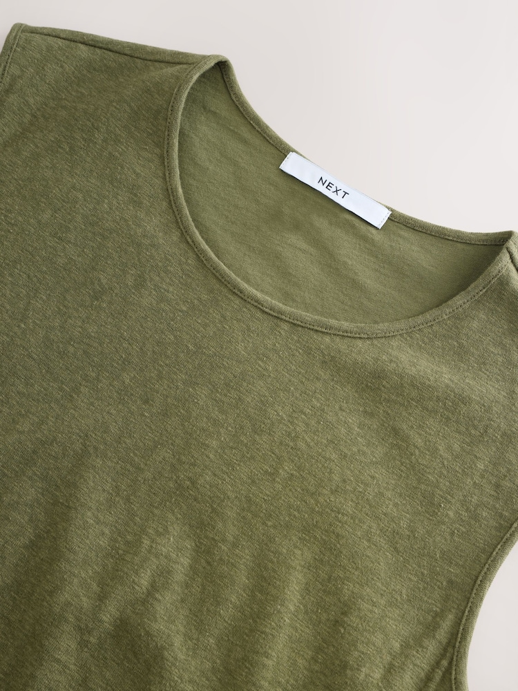 Khaki Green Slub Bubble Hem Sleeveless Tank Top - Image 2 of 3 Khaki Green Slub Bubble Hem Sleeveless Tank Top - Image 2 of 3