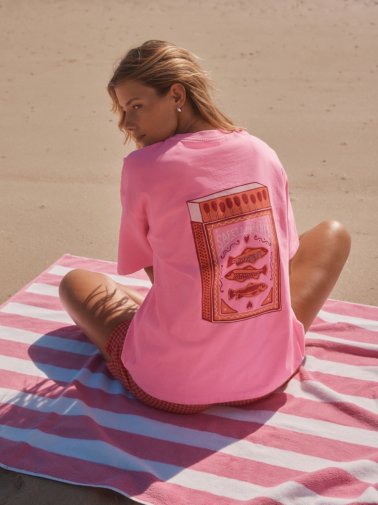 Fluro Pink Oversized Sardine Matchbox Graphic Short Sleeve Crew Neck 100% Cotton T-Shirt - Image 1 of 8