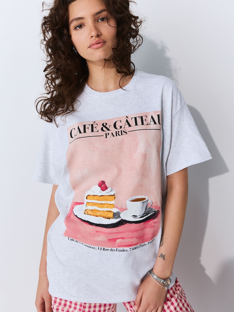 Grey Cake Scene Relaxed Fit Front Graphic Print Short Sleeve Crew Neck T-Shirt - Image 1 of 8