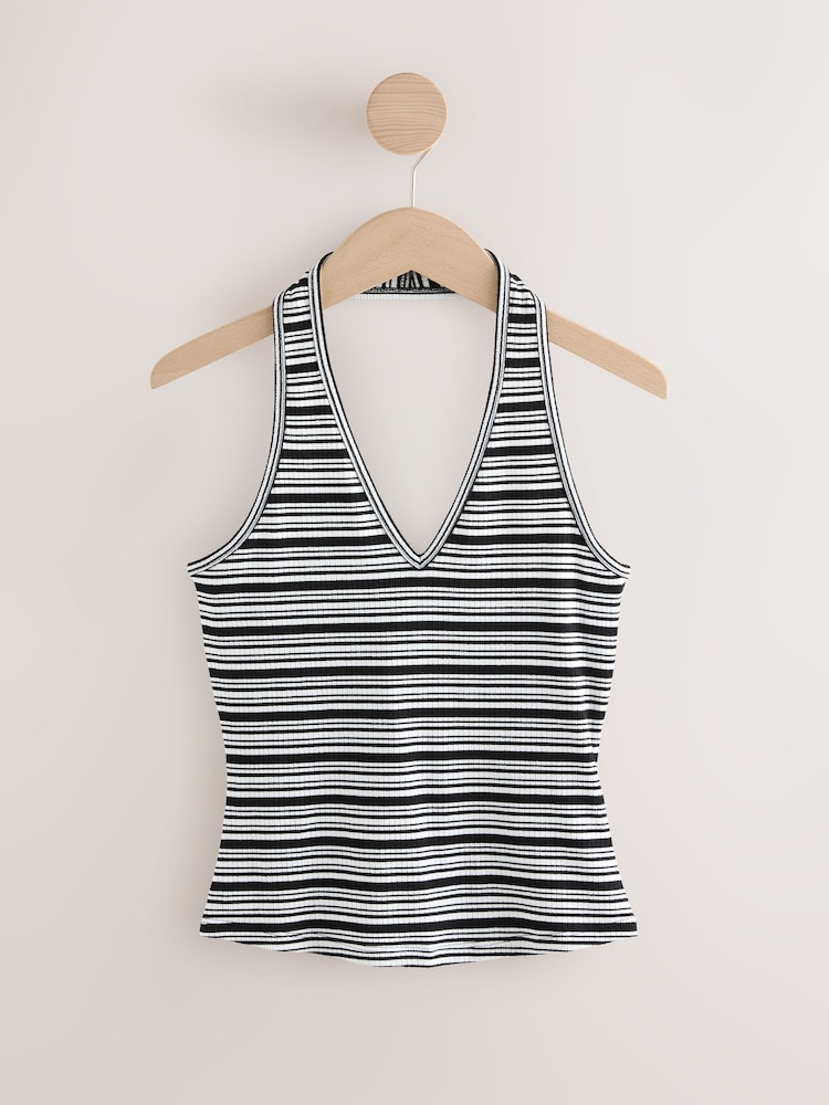 Monochrome Striped Rib Halter Neck Vest - Image 1 of 3