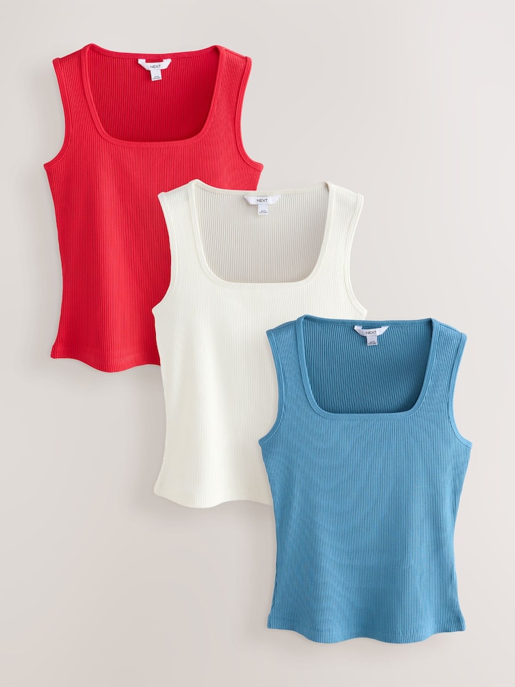 Red/White/Blue Ribbed Sqaure Neck Sleeveless Vests 3 Pack - Image 1 of 9 Red/White/Blue Ribbed Sqaure Neck Sleeveless Vests 3 Pack - Image 1 of 9