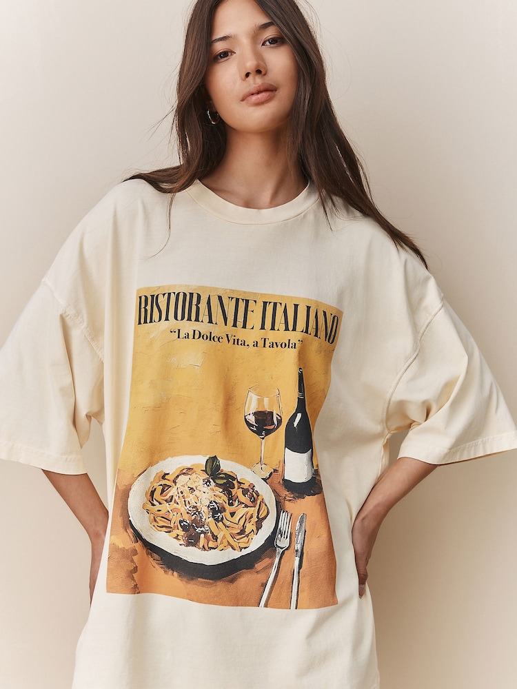 Yellow Spaghetti Dinner Relaxed Fit Front Graphic Print Short Sleeve Crew Neck T-Shirt - Image 1 of 8 Yellow Spaghetti Dinner Relaxed Fit Front Graphic Print Short Sleeve Crew Neck T-Shirt - Image 1 of 8