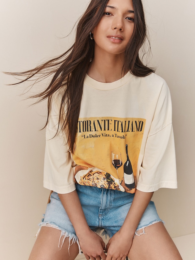 Yellow Spaghetti Dinner Relaxed Fit Front Graphic Print Short Sleeve Crew Neck T-Shirt - Image 2 of 8