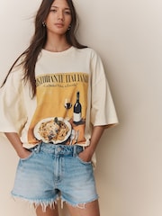Yellow Spaghetti Dinner Relaxed Fit Front Graphic Print Short Sleeve Crew Neck T-Shirt - Image 3 of 8