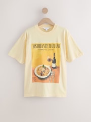 Yellow Spaghetti Dinner Relaxed Fit Front Graphic Print Short Sleeve Crew Neck T-Shirt - Image 6 of 8