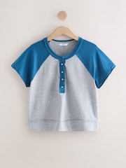Blue/Grey Shorter Length Raglan Colourblock Short Sleeve Button Henley T-Shirt - Image 1 of 4