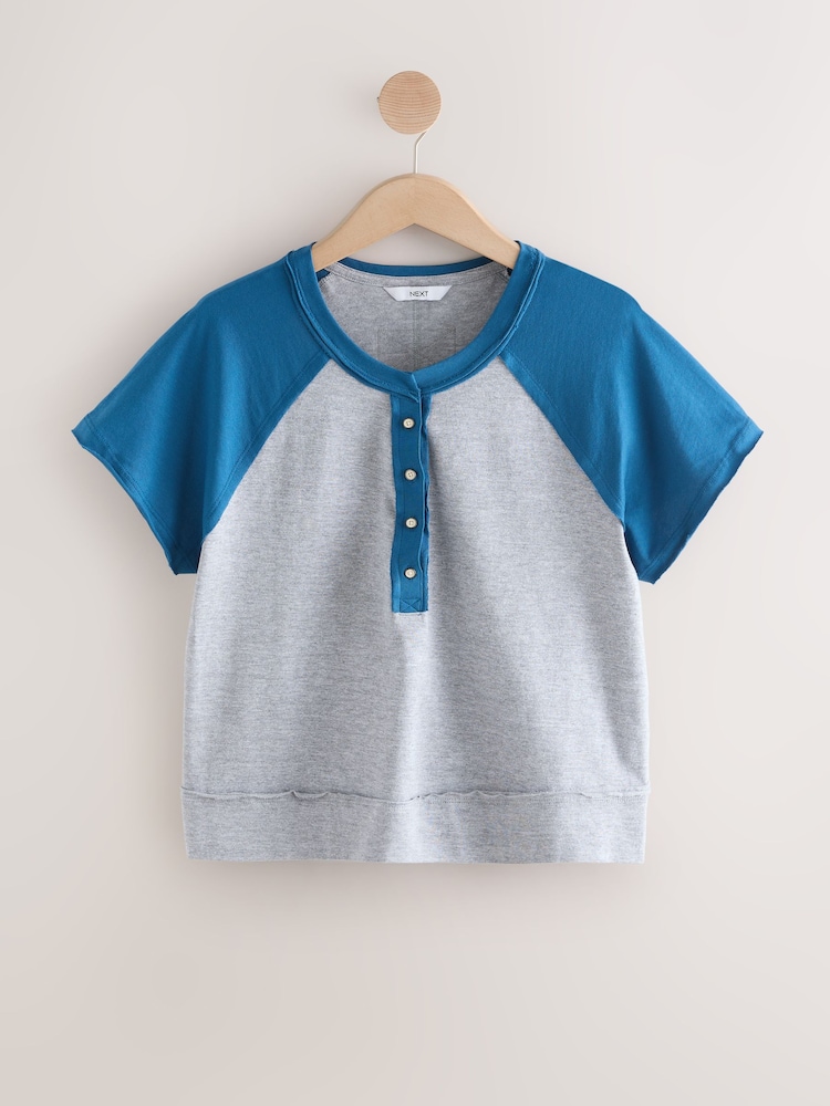 Blue/Grey Shorter Length Raglan Colourblock Short Sleeve Button Henley T-Shirt - Image 1 of 4