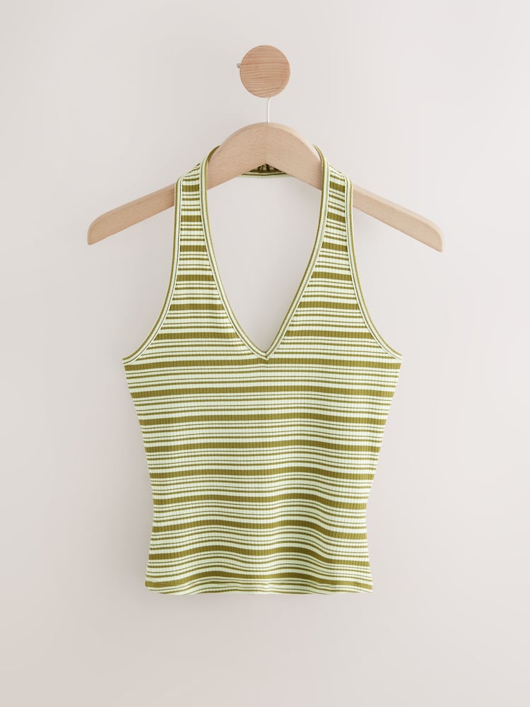 Green/White Striped Rib Halter Neck Vest - Image 1 of 3