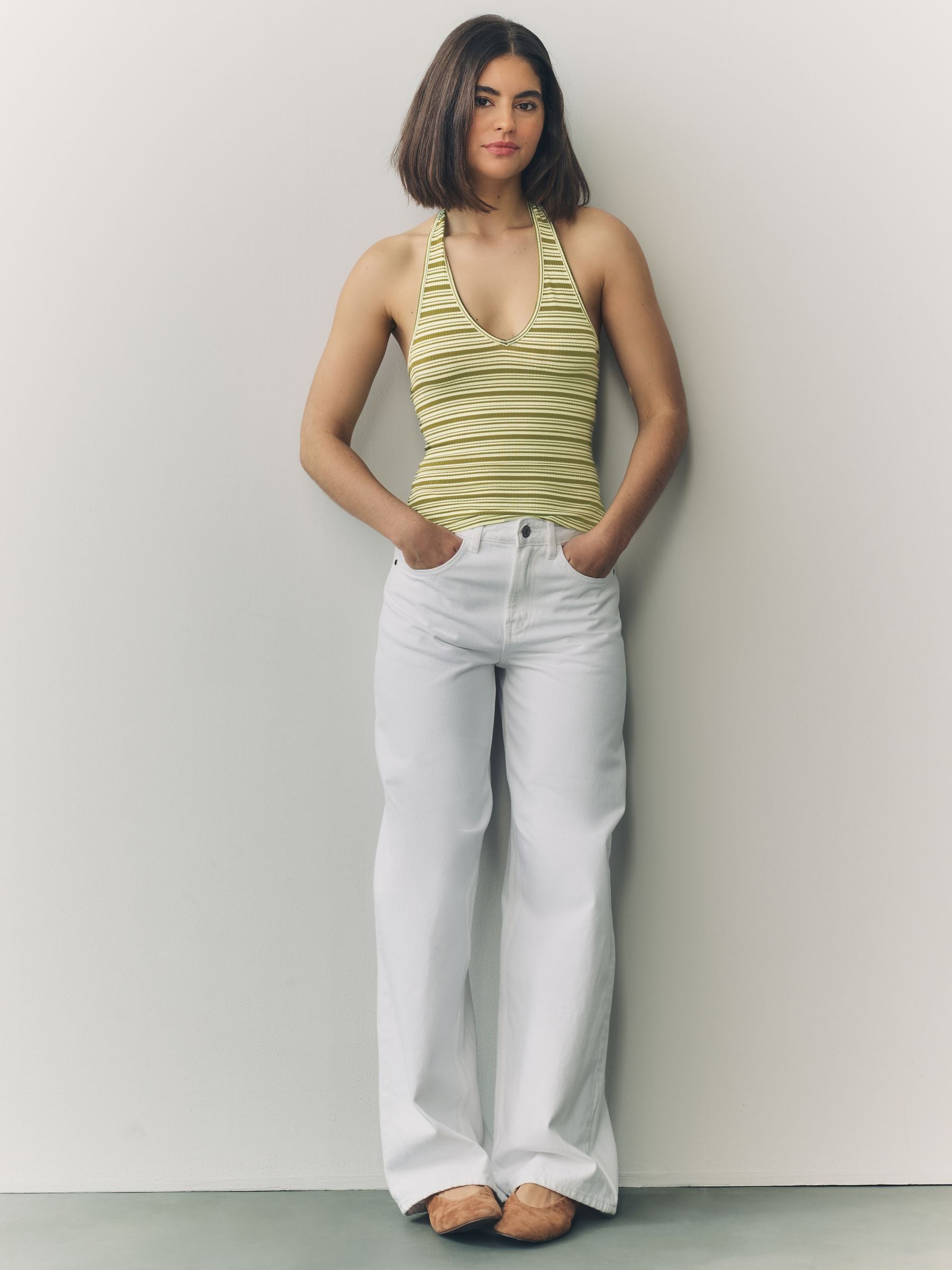 Next：日本 グリーン / ホワイト - ストライプ リブ ホルターネック