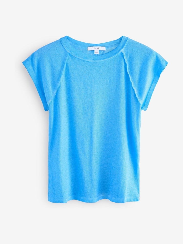 Blue - Washed Open Seam Detailing Raglan Short Sleeve Crew Neck T-Shirt - Image 1 of 3